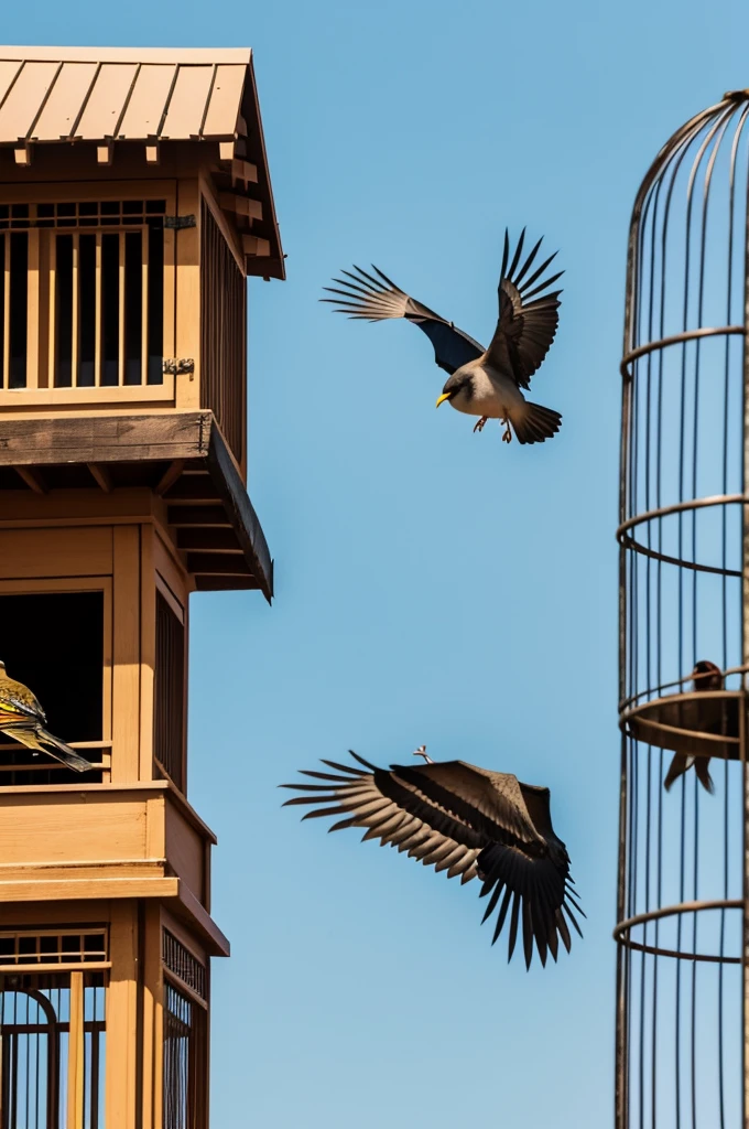A bird flying free next to another caged bird, highlighting the difference between those who see beyond prejudices and those who do not.