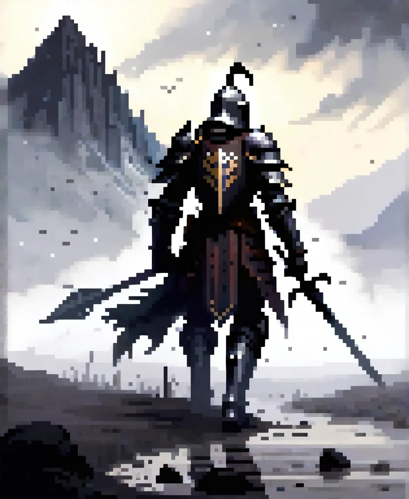 In the midst of a fog-laden battlefield, a valiant gothic black knight clad in battered armor crawls painfully through the mud, arrows protruding from his back. The looming silhouette of a foreboding mountain stands in the distance, shrouded in mist and mystery, offering a glimmer of hope amidst the chaos and despair.
