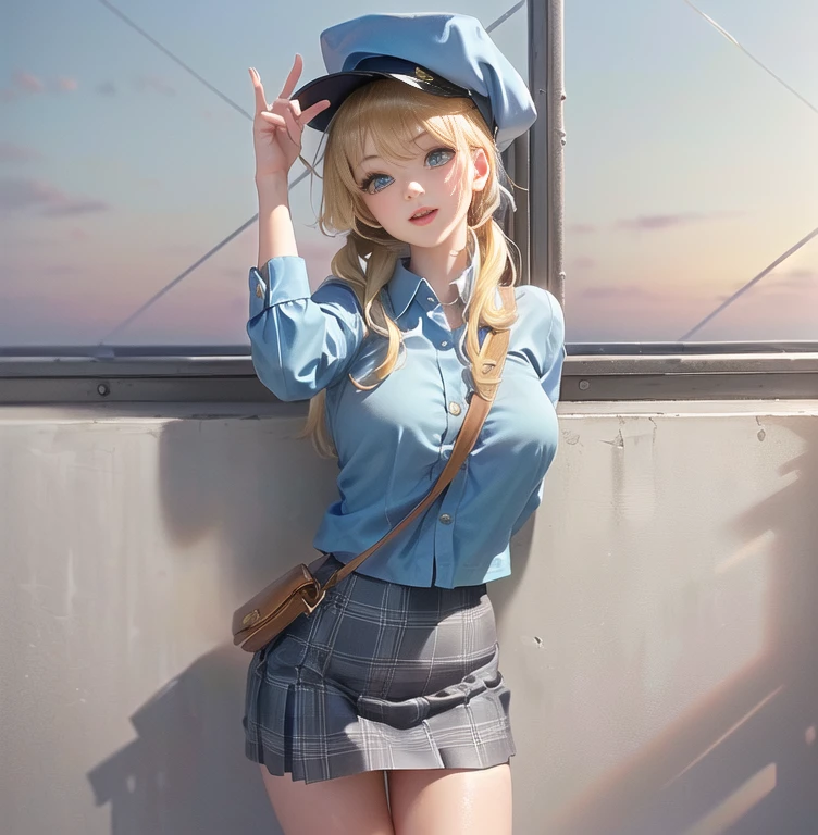 (masterpiece:1.3, Highest quality, Ultra-high resolution, Very detailed), (Realistic:1.1, photoRealistic:1.4), Beautiful illustrations, Perfect lighting, colorful, Written boundary depth, Beautiful detailsまでこだわった髪, Beautifully detailed face, Beautiful details, Beautiful clavicle, Beautiful body, Beautiful breasts, Beautiful thighs, Beautiful legs, Beautiful fingers, View your audience, 1 Girl, Japanese, high school girl, Perfect Face, (Perfect Anatomy, Anatomically correct), Cute and symmetrical face, Baby Face, Sunburn, Shiny skin, (Mid-length hair:1.5, Twin tails:1.2, blonde), Asymmetrical bangs, blue eyes, Long eyelashes, (Medium Chest), thin, ((Collared short-sleeved shirt, Light blue shirt, , Grey plaid pleated skirt, To the Navy)), No pants, (Beautiful views), evening, (Outdoor, distant cityscape), Are standing, (peace sign), (Cute Smile, 鬠红、Upward glance, Open your mouth), (Open Girl'Cat:1.3), hour々squat:1.2,Put your finger in your pussy:1.5,