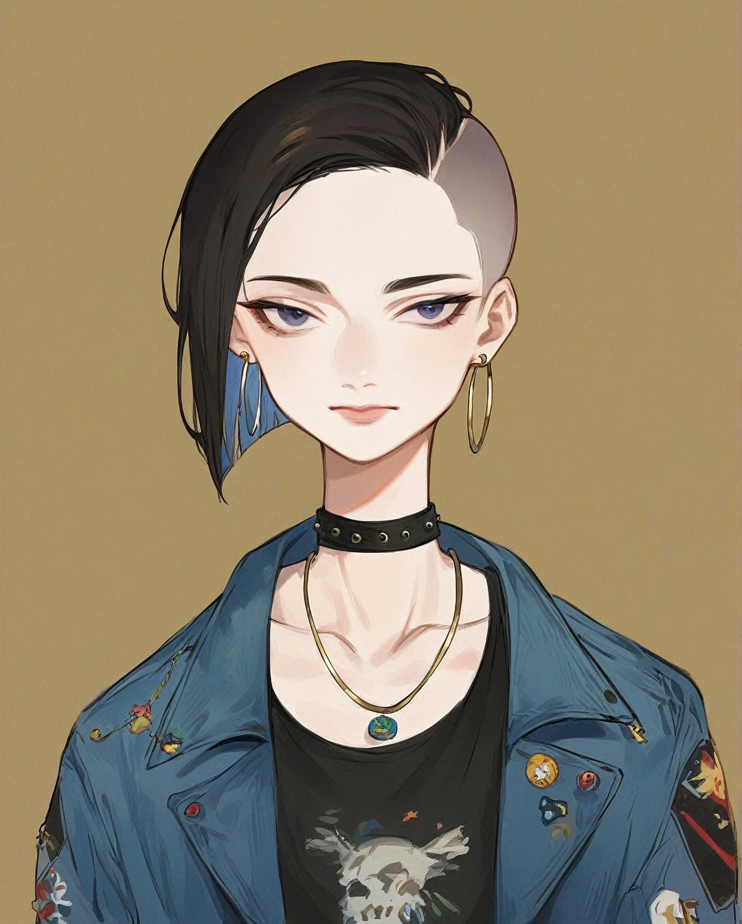 amano yoshitaka, (masterpiece:1.2, best quality), (1lady, solo, upper body:1.2), Hair: buzz cut, Clothing: oversized, distressed denim jacket with patches and pins, paired with black skinny jeans and combat boots, Accessories: silver hoop earrings and a black choker necklace, Hanging out in an underground music venue or street art exhibit