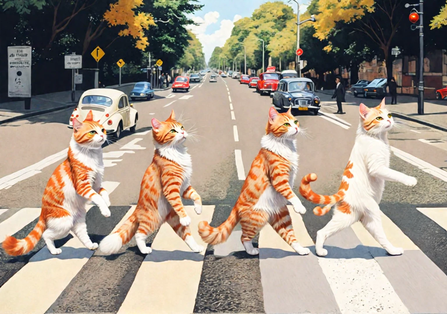 The ginger cat and the gray tabby cat and the black cat and the white cat, walking on two legs in line, crosswalk on the road, parody with the beatles abbey road poster, digital anime painting style