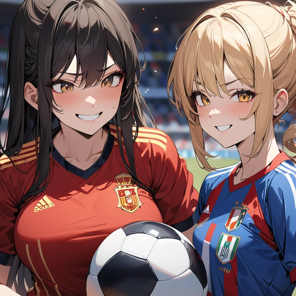 (award winning, 8k, super detailed, high resolution, best quality) , photography, (two girls), girl on the left with blonde hair in ((spain soccer uniform)) and smirk expression and small breasts, girl on the right with black hair in ((italy soccer uniform)) and (timid expression) and big breasts, (playing football:1.3), ((beautiful girls))