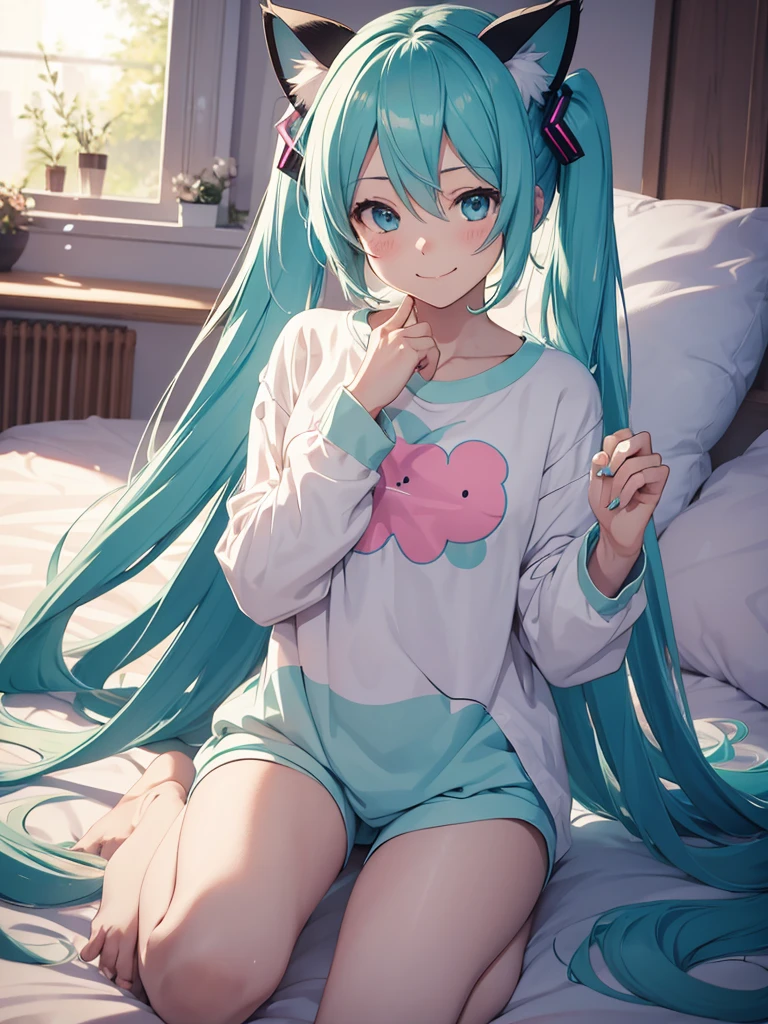 hatsune miku, pijama, cat ears, smiling, kneling