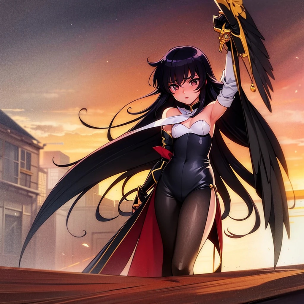 1 girl, cos atraente, Bblack hair, city destroyed, detailedeyes, cos, hand and arm, flegs, masterpiece, perfect, Magical Girl, Shoujo, Machimaho, Magical Girl Holy Shit