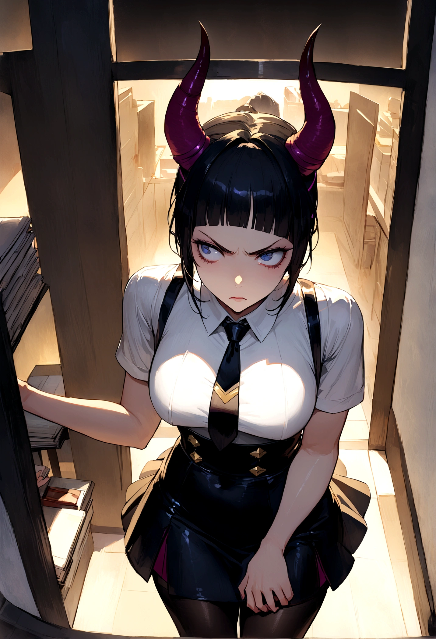 juri han, work of art, tight white secretary shirt with black tie, black high waist skirt, short skirt,stocking, black hair, black tights,office,bangs on the eyes,lighting,horn of hair,view from above,staring overhead,brava,Angry
