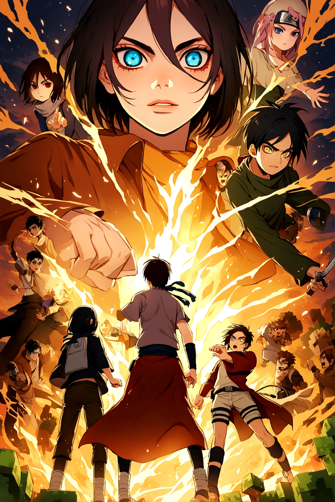 Eren,mikasa,naruto,tanjiro,fight in Minecraft version sasuke sharingan world