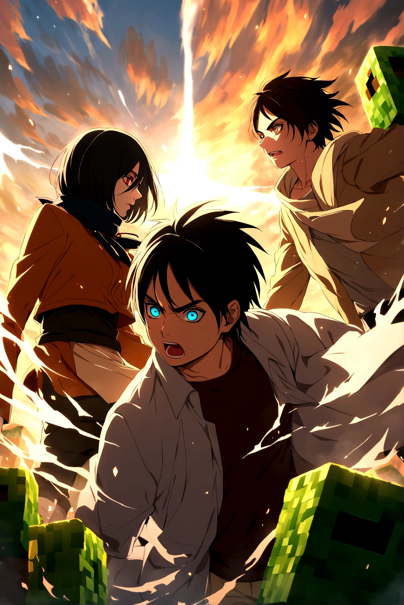 a teenage boy with short dark brown hair and bright orange eyes, he is on the ground, the setting is a forest, he looks up at the camera horrified and scared, he is wearing a torn up and dirty shirt, cinematic
