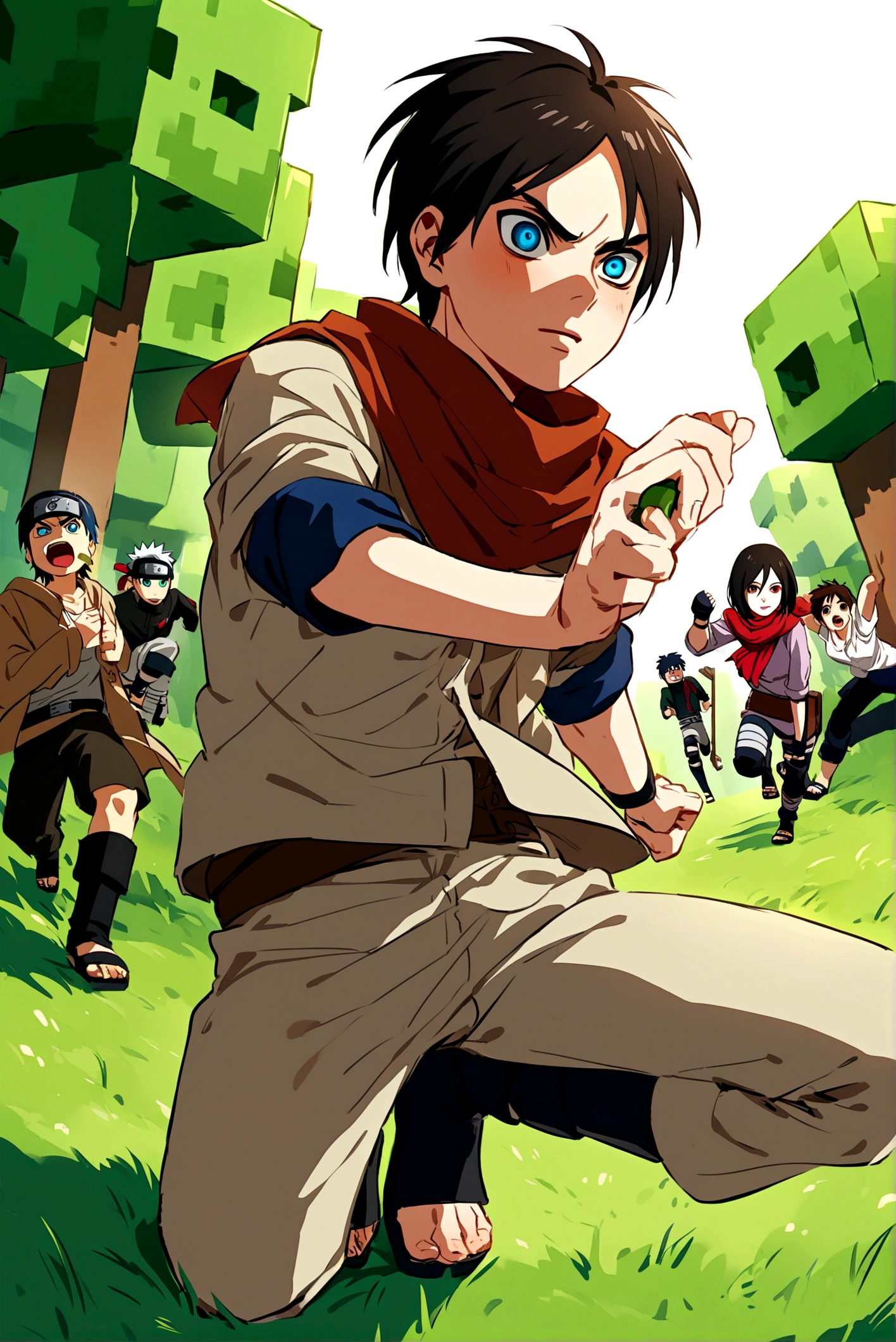 Eren,mikasa,naruto,tanjiro,fight in Minecraft version sasuke sharingan world