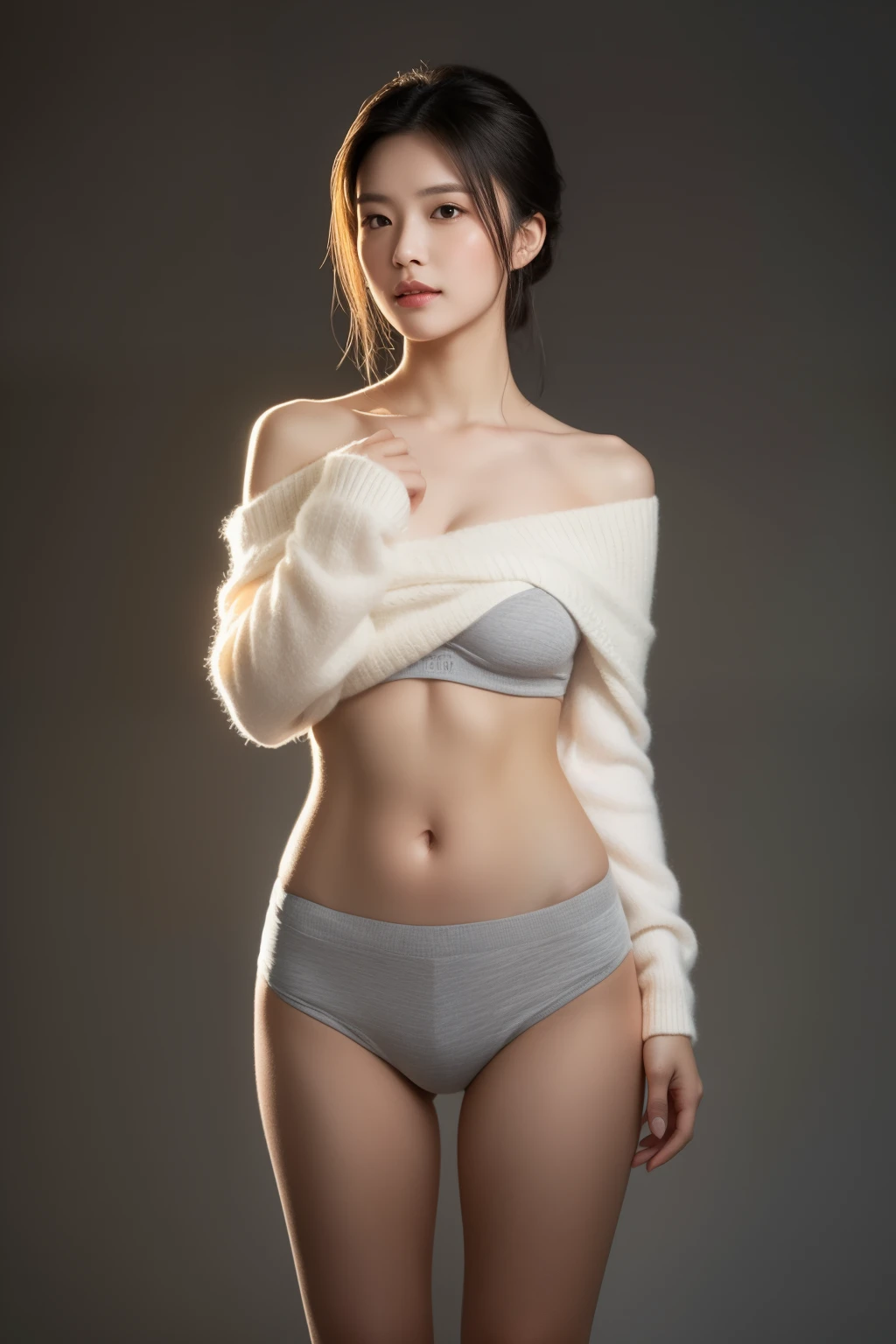 asian lady, She is wearing a soft white sweater relaxed neckline that casually ((drapes off one shoulder)), exposing slender shoulders with black bra trap, highlighted by the rays of light creating a radiant effect on her skin. , mid-shot , light rays, warm atmosphere , light through hair, ((mid-shot, full body, slender waist)), Hair Up Do、 Glowing eyes, nose blush, Carl Larsson, Alfonse Mucha, Chiaroscuro, Film Glenn, reflective light, (((long-Shot))), knee to top,longshot show (((full body))), masterpiece, high details, ((gray background, studio light ))