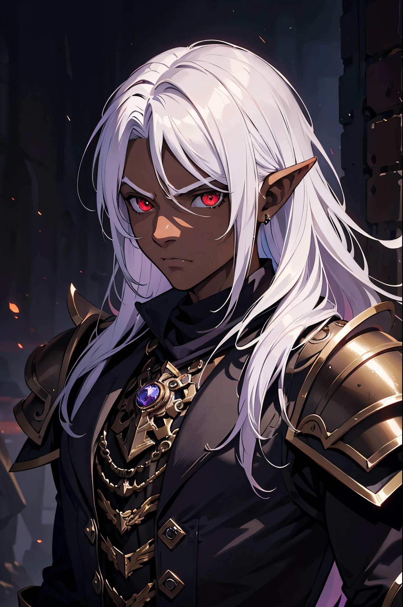 masterpiece, best quality, ultra high res, dark theme, 1boy, (mix between dungeonpunk and steampunk armor), (wearing armor)fantasy illustration, dark skinned, human, upper body, portrait, red eyes, long white hair, Xemnas from Kingdom Hearts, half-drow, pointy ears, serious face, young man, dramatic lighting, purple hue, art by Kinema Citrus