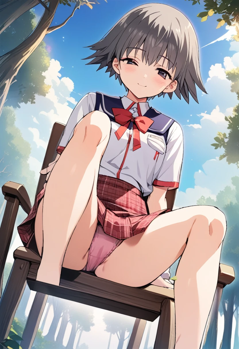 One girl,((Nozomi)),smile、Gentle expression、Welcome、The whole body is shown、forest、blue sky、Pink underwear、uniform、skirt、panty shot,Sitting on a chair、Leg spread、from below,A complete depiction of the human body,masterpiece, Highest quality, Game CG, ultra detailed、highres、extremely detailed CG