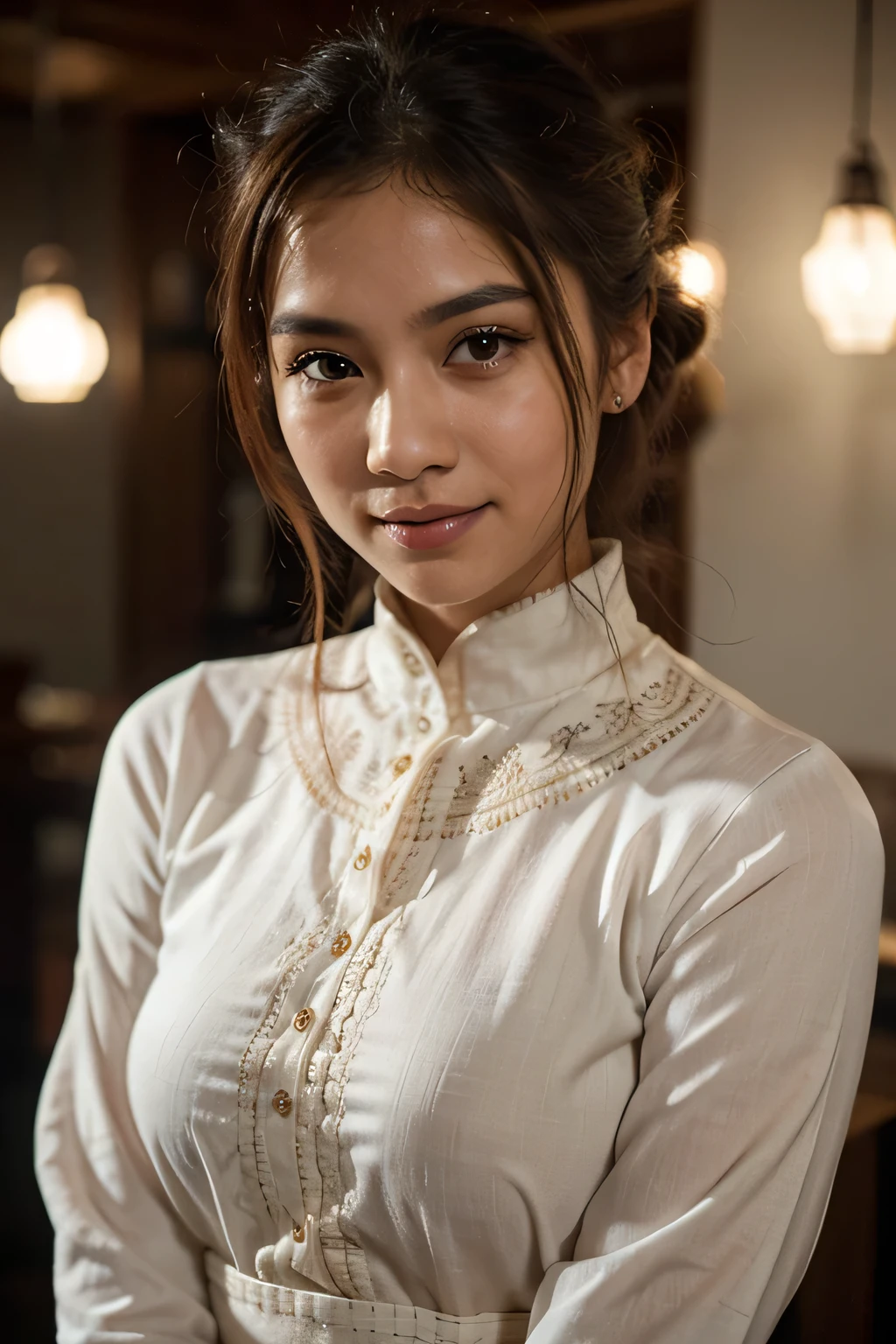 Mesmerizing potrait of Malay-siamese mix woman looking on point to viewer with mysterious smile and eyelights reflecting determination. The woman wearing traditional cotton base baju kurung. She also wear half head batik shawl. Cell shade lighting. Potrait style filter. Potrait enhancement sub lighting. Nikon D5 macro 133mm autofocus. Intricate fine tuning detailing texture.