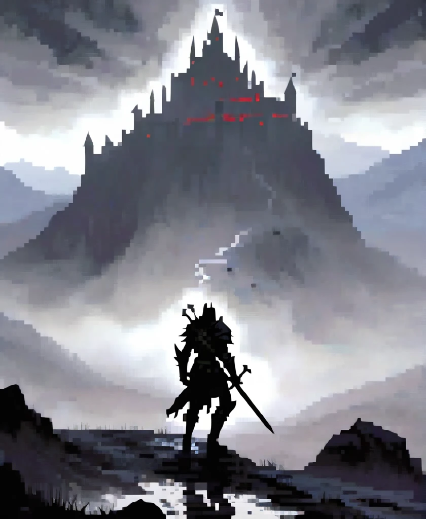 In the midst of a fog-laden battlefield, a valiant gothic black knight clad in battered armor crawls painfully through the mud, arrows protruding from his back. The looming silhouette of a foreboding mountain stands in the distance, shrouded in mist and mystery, offering a glimmer of hope amidst the chaos and despair.