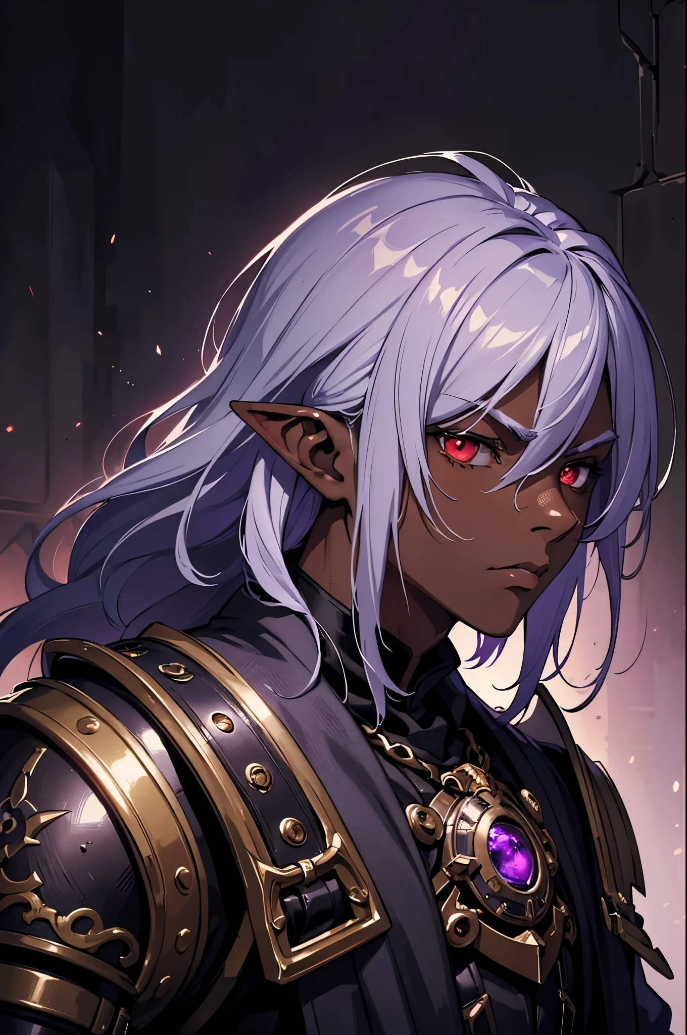 masterpiece, best quality, ultra high res, dark theme, 1boy, (mix between dungeonpunk and steampunk armor), (wearing armor)fantasy illustration, dark skinned, human, upper body, portrait, red eyes, long white hair, half-drow, pointy ears, serious face, young man, dramatic lighting, purple hue, art by Kinema Citrus