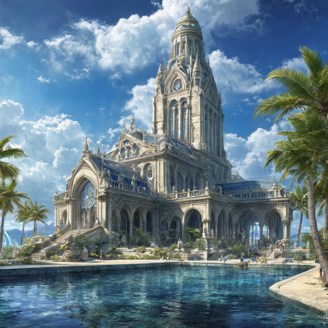((best quality)), ((masterpiece)), ((realistic,digital art)), (super detailed), (grand temple du dieu de la mer sur une vaste place), bassins, (style fantasy)