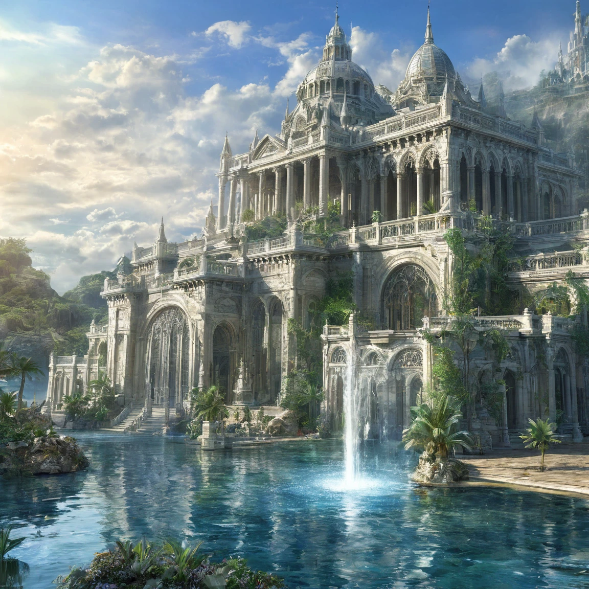 ((best quality)), ((masterpiece)), ((realistic,digital art)), (super detailed), (grand temple du dieu de la mer sur une vaste place), bassins, (style fantasy)