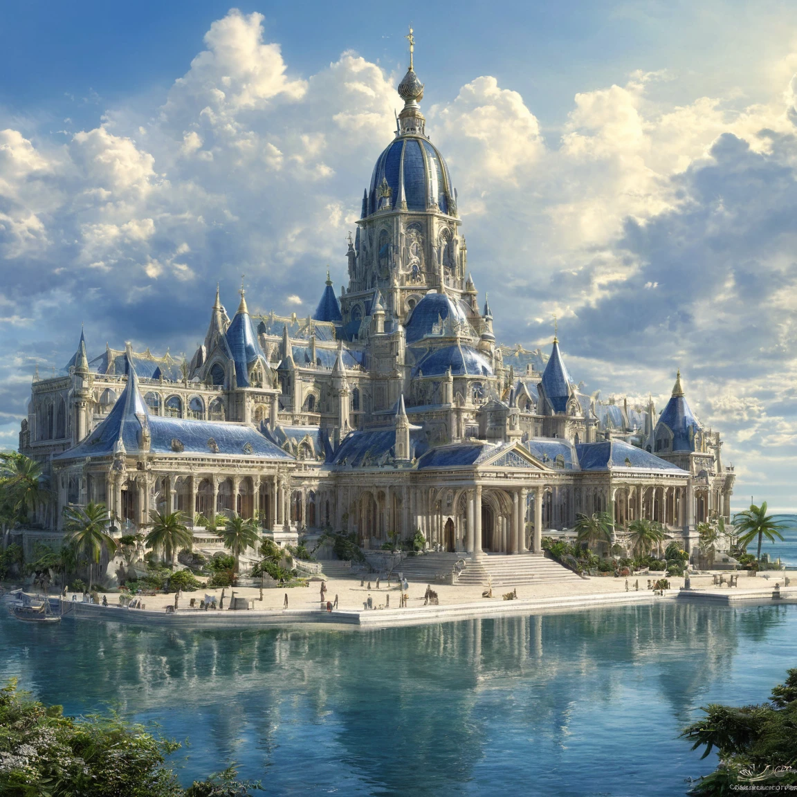 ((best quality)), ((masterpiece)), ((realistic,digital art)), (super detailed), (grand temple du dieu de la mer sur une vaste place), bassins, (style fantasy)