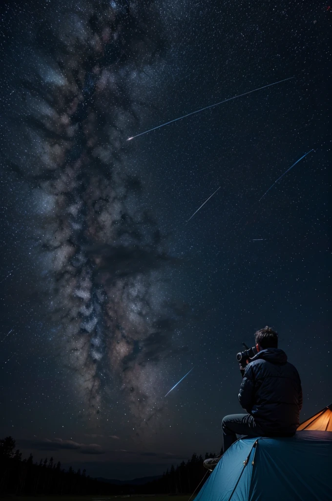 Man with telescope in starry sky field, camp fire, dog, elementals with wings ,Constellation of Orion, spectrum of being bluish delivers stars