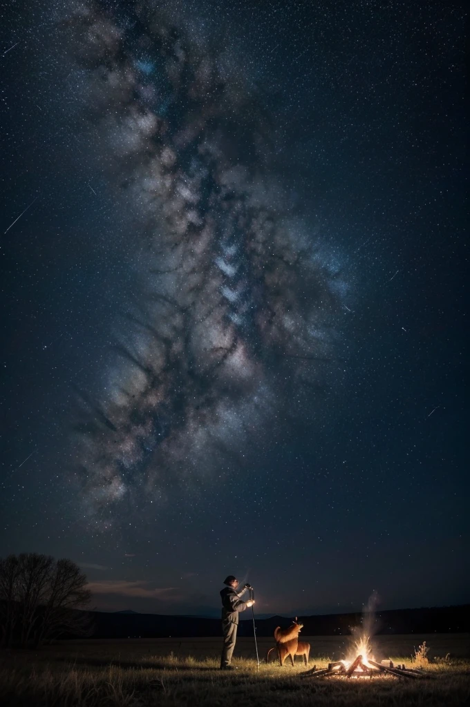 Man with telescope in starry sky field, camp fire, dog, elementals with wings ,Constellation of Orion, spectrum of being bluish delivers stars