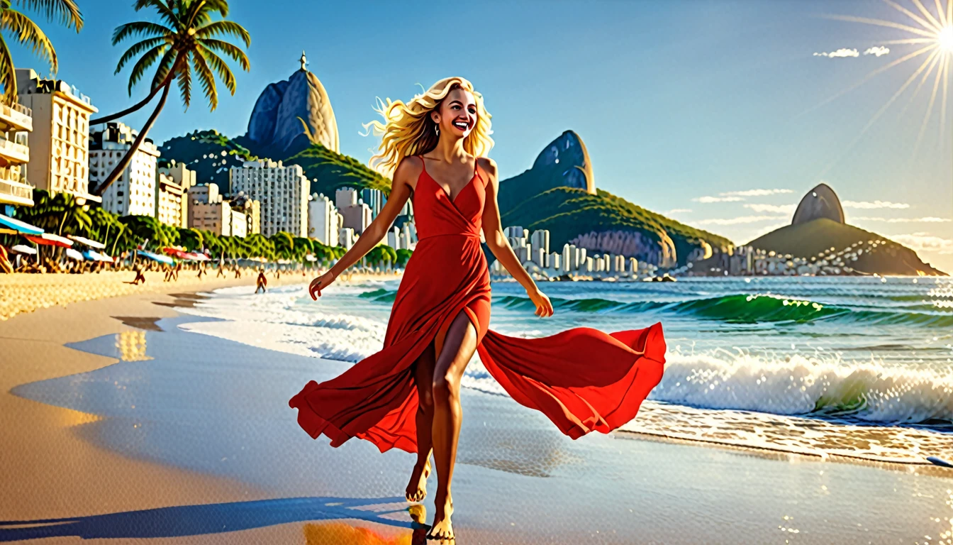 An enchanting cinematic illustration of a young woman, the "Girl from Ipanema," strolling along a sun-kissed Brazilian beach. With her golden skin, flowing blond hair, and radiant smile, she captivates the admiring gazes of all who pass by. She gracefully sways to the rhythm of the samba, her vibrant red dress twirling with every step. The background showcases the iconic Ipanema beach, with its colorful murals, palm trees, and azure waves crashing on the shore. The atmosphere is filled with the sounds of laughter and the scent of salt and coconut oil, creating a vivid and unforgettable scene., cinematic, photo, 3d render