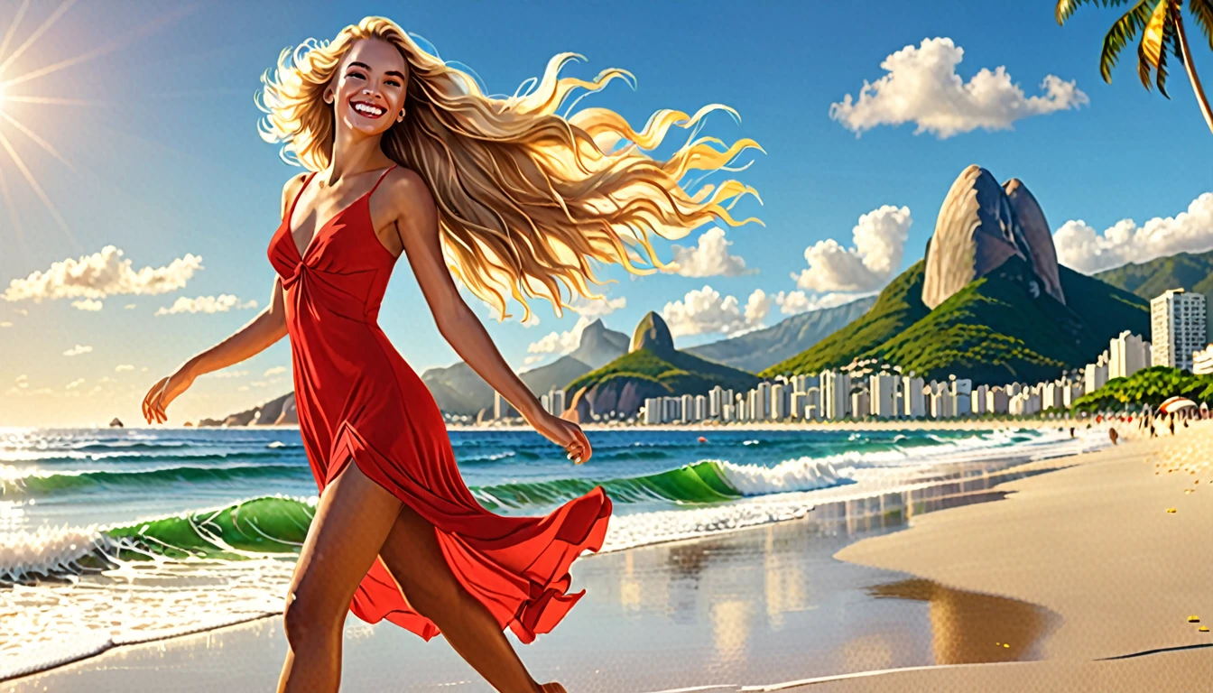An enchanting cinematic illustration of a young woman, the "Girl from Ipanema," strolling along a sun-kissed Brazilian beach. With her golden skin, flowing blond hair, and radiant smile, she captivates the admiring gazes of all who pass by. She gracefully sways to the rhythm of the samba, her vibrant red dress twirling with every step. The background showcases the iconic Ipanema beach, with its colorful murals, palm trees, and azure waves crashing on the shore. The atmosphere is filled with the sounds of laughter and the scent of salt and coconut oil, creating a vivid and unforgettable scene., cinematic, photo, 3d render