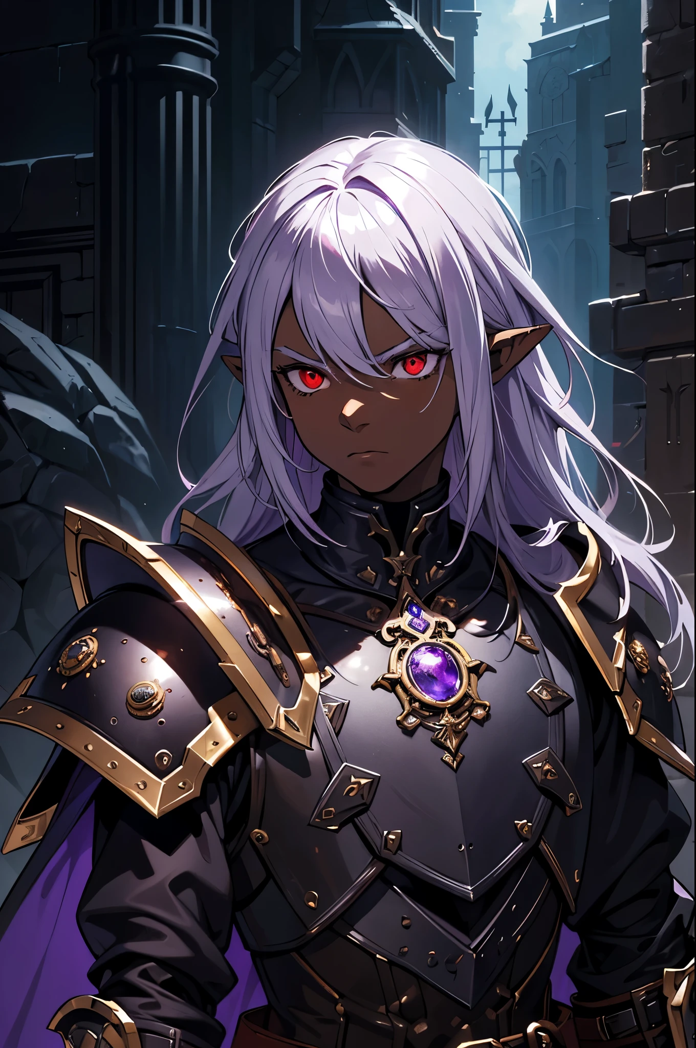 masterpiece, best quality, ultra high res, dark theme, 1boy, (dungeonpunk armor), (steampunk armor), (wearing armor)fantasy illustration, dark skinned, human, upper body, portrait, red eyes, long white hair, half-drow, pointy ears, serious face, young man, dramatic lighting, purple hue, art by Kinema Citrus