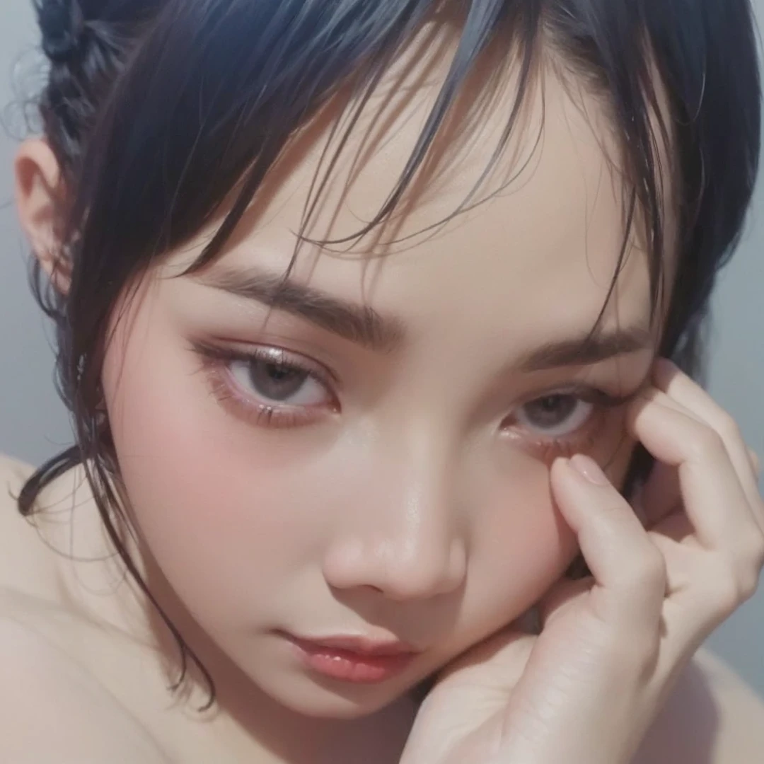 a close up of a woman with a red lipstick and a black shirt, kiko mizuhara, sui ishida with black hair, fubuki, a young asian woman, young cute wan asian face, paru itagaki, black bob hair, girl with black hair, black bob cut hair, young asian girl, eiko ishioka, lulu chen, phone screen size, 16:9, masterpeace, pro, photography, real, mobile phone screen, wearing black hijab, dark silhouette