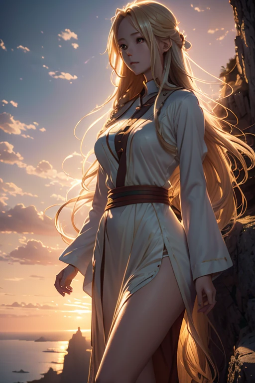 Anime girl with long flowing blond hair standing gracefully on a cliff during a breathtaking sunset, detailed and realistic shading, vibrant warm colors, serene and atmospheric lighting, emotion-evoking scene, character design by Sakimichan and Artgerm, 4k resolution