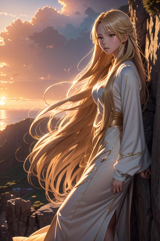 Anime girl with long flowing blond hair standing gracefully on a cliff during a breathtaking sunset, detailed and realistic shading, vibrant warm colors, serene and atmospheric lighting, emotion-evoking scene, character design by Sakimichan and Artgerm, 4k resolution
