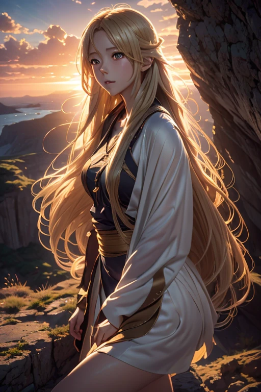 Anime girl with long flowing blond hair standing gracefully on a cliff during a breathtaking sunset, detailed and realistic shading, vibrant warm colors, serene and atmospheric lighting, emotion-evoking scene, character design by Sakimichan and Artgerm, 4k resolution
