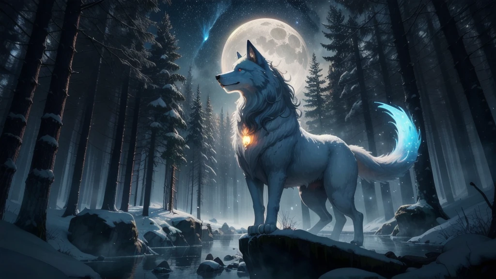 1 Big Wolf, mythical creature, Fenrir with blue eyes standing on top of a snowy mountain. Big wolf white fur. Glowing eyes. Nighttime. Large landscape. Looking towards the moon,(glowing eyes:0.9), red fur, elegant posture, (spiritual aura:1.2), flowing mane, (floating in the air:1.3), mysterious, (wisdom:1.1), seductive, (enchanted forest background:1.4), moonlit night, magical, ancient, (ethereal glow:1.2), (translucent tails:1.1), mythical powers, (misty atmosphere:0.8), divine, (celestial beings:1.3), (fierce protector:1.2), alluring, (fading into shadows:0.9).
