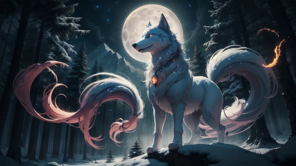 1 Big Wolf, mythical creature, Fenrir with blue eyes standing on top of a snowy mountain. Big wolf white fur. Glowing eyes. Nighttime. Large landscape. Looking towards the moon,(glowing eyes:0.9), red fur, elegant posture, (spiritual aura:1.2), flowing mane, (floating in the air:1.3), mysterious, (wisdom:1.1), seductive, (enchanted forest background:1.4), moonlit night, magical, ancient, (ethereal glow:1.2), (translucent tails:1.1), mythical powers, (misty atmosphere:0.8), divine, (celestial beings:1.3), (fierce protector:1.2), alluring, (fading into shadows:0.9).