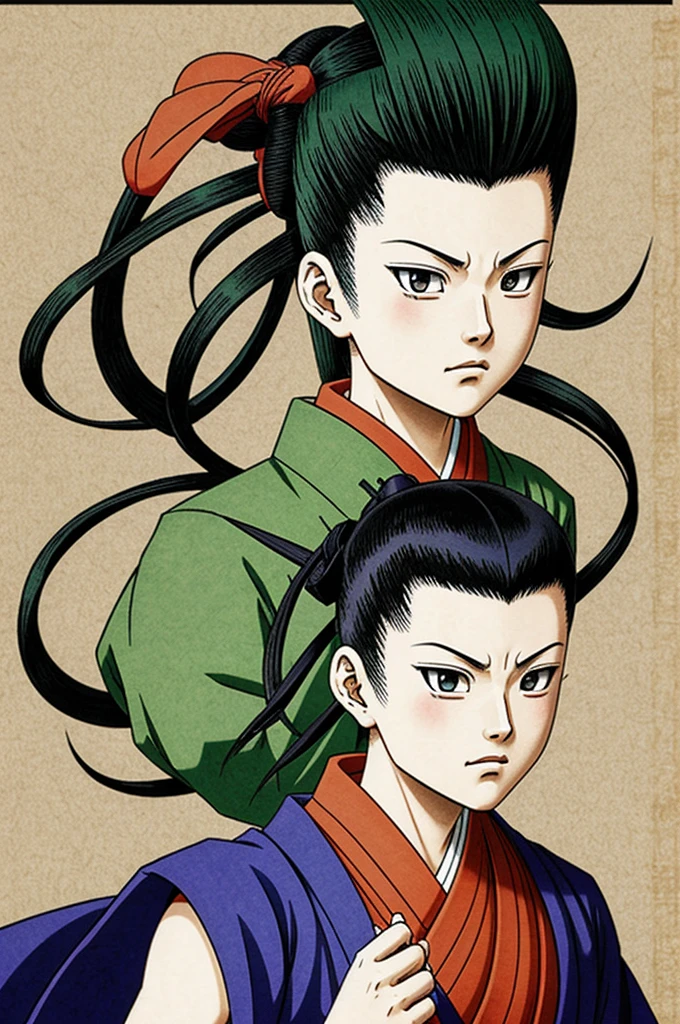 Gon Freecss in hunter x hunter，Xiaojie Fulix,ukiyo-e, ukiuo-e style,ukiyoe style, ukio-e style