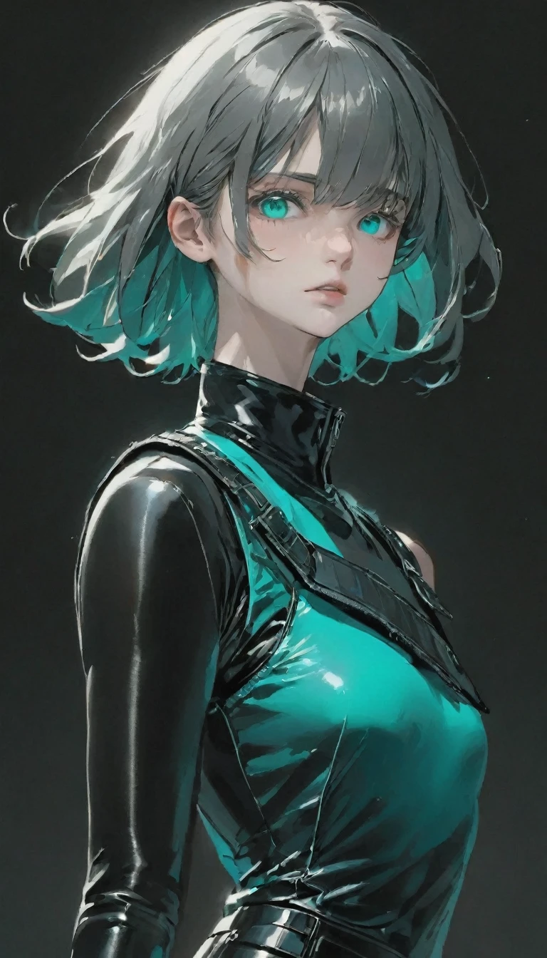 Polychromatic, 1 girl, night, dark, Gray hair,(Detailed drawing of the eye), Sharp eyes, angry, Looking at the audience, Latex shiny tights, Black shiny bulletproof vest, Upper Body, , Limited color palette, black background,Shiny turquoise,