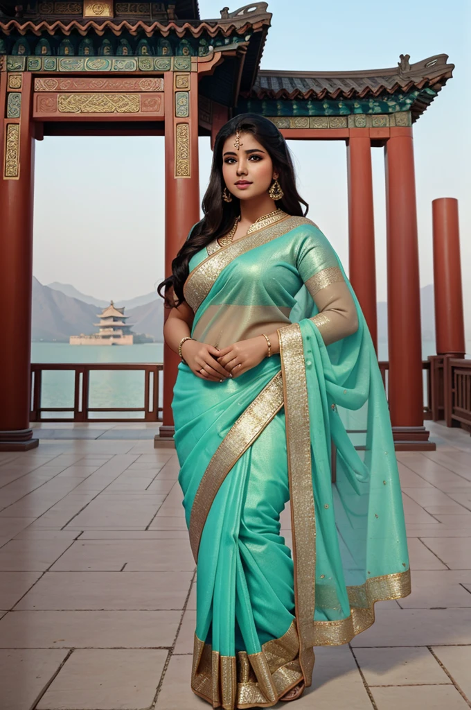 1 Heavenly beautiful and goddess beauty cute and sweet looking face Arabian female in front of Summer Palace, China, Heavenly beautiful Overweight, Heavenly beautiful Extremely fat, Heavenly beautiful and attractive Chubby figure , Heavenly beautiful looking and eye catching luxury style Bandhani Saree , reaching out, Heavenly beautiful Arabian woman, 16k, High resolution, masterpiece, highest quality, fine skin, outside view, Realistic Photograph