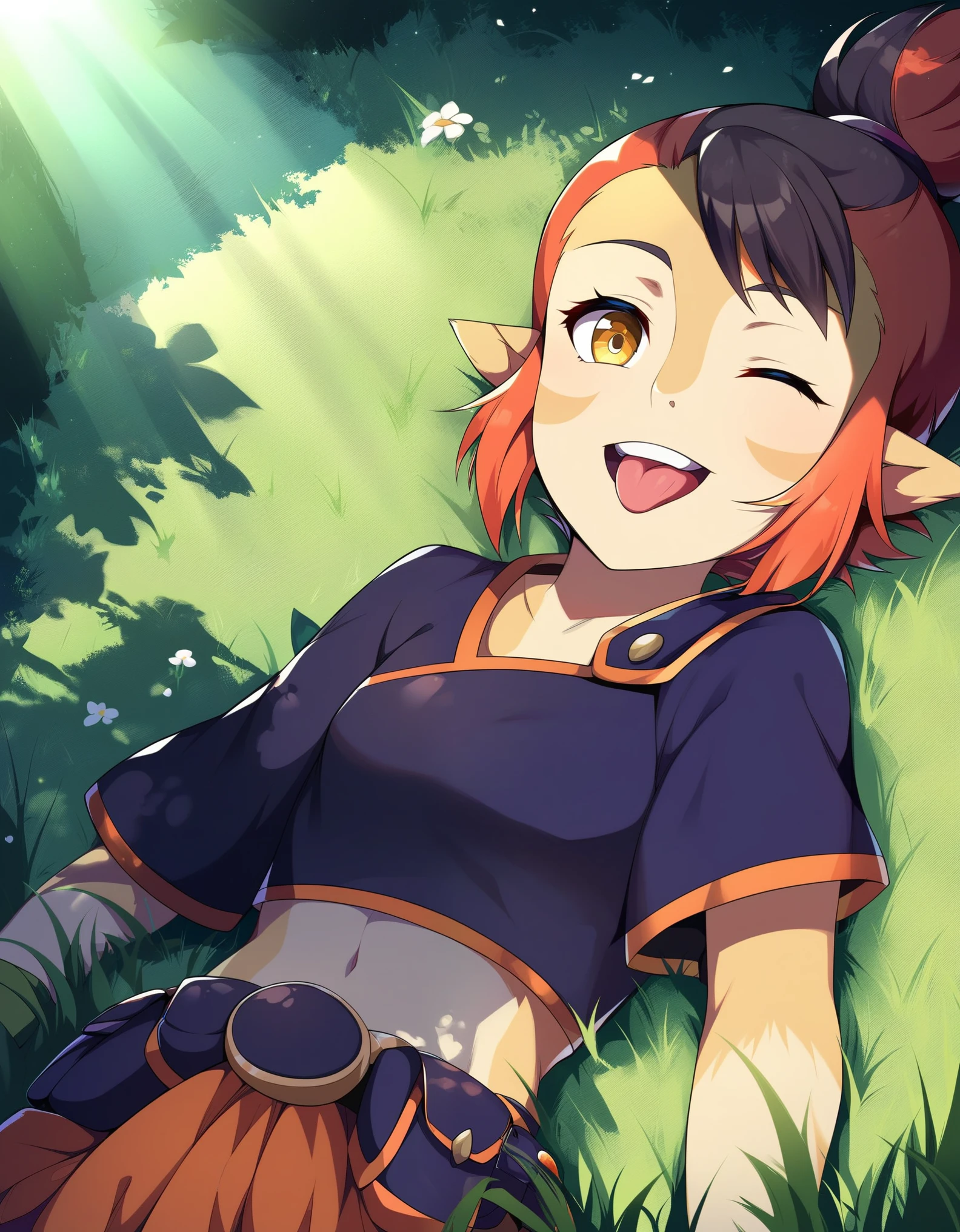 score_9, score_8, score_9, female , wilykit, multicolored hair, yellow eyes, midriff, one eye closed, tongue, lying on back, grass, sunlight, shadows, natural lighting, open smile