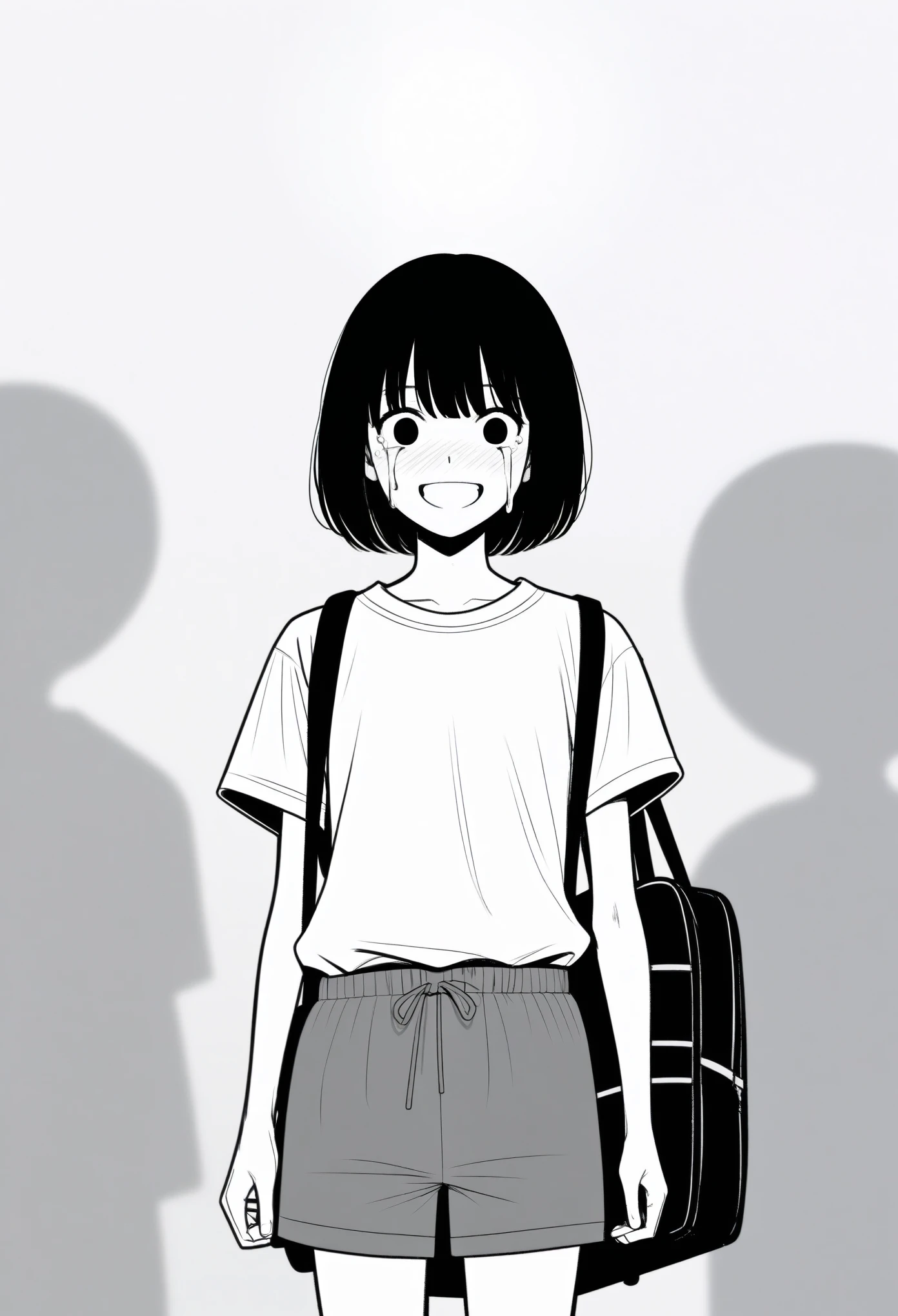 masterpiece, best quality, 1girl, mamerakkkkko, grayscale, manga style, japanese, chi no wadachi, black eyes, street, iced, black hair, schoolbag, smile, lineart, white background, white shirt, grey shorts, centered, 18 years old, tall, fair skinned, bokeh background, crying, tears, straight-on, tears streaming, bob cut