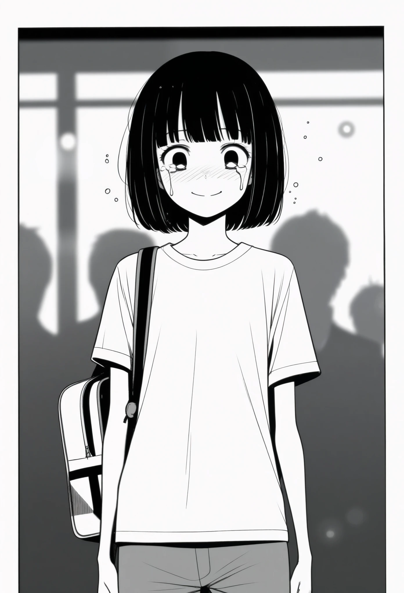 masterpiece, best quality, 1girl, mamerakkkkko, grayscale, manga style, japanese, chi no wadachi, black eyes, street, iced, black hair, schoolbag, smile, lineart, white background, white shirt, grey shorts, centered, 18 years old, tall, fair skinned, bokeh background, crying, tears, straight-on, tears streaming, bob cut