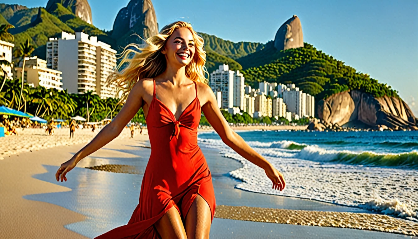 An enchanting cinematic illustration of a young woman, the "Girl from Ipanema," strolling along a sun-kissed Brazilian beach. With her golden skin, flowing blond hair, and radiant smile, she captivates the admiring gazes of all who pass by. She gracefully sways to the rhythm of the samba, her vibrant red dress twirling with every step. The background showcases the iconic Ipanema beach, with its colorful murals, palm trees, and azure waves crashing on the shore. The atmosphere is filled with the sounds of laughter and the scent of salt and coconut oil, creating a vivid and unforgettable scene., cinematic, photo,