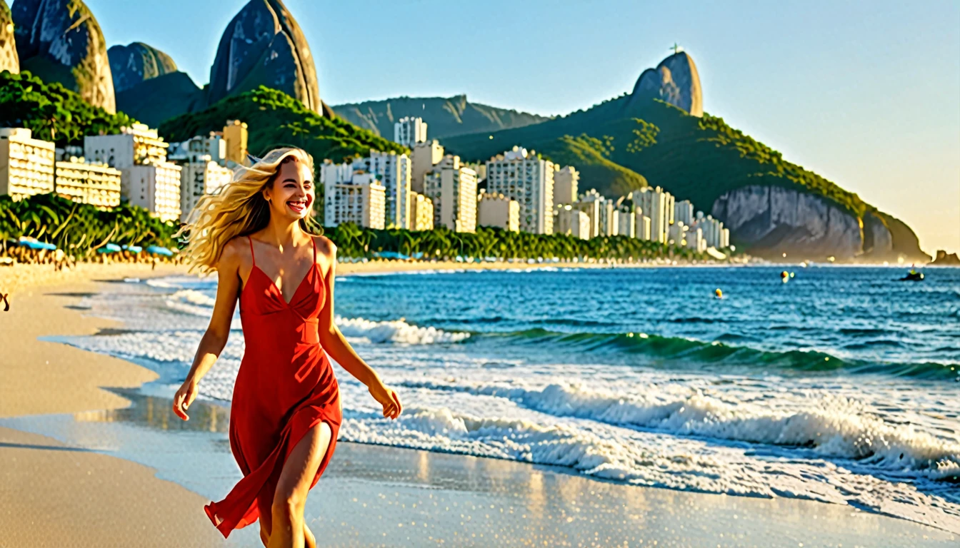 An enchanting cinematic illustration of a young woman, the "Girl from Ipanema," strolling along a sun-kissed Brazilian beach. With her golden skin, flowing blond hair, and radiant smile, she captivates the admiring gazes of all who pass by. She gracefully sways to the rhythm of the samba, her vibrant red dress twirling with every step. The background showcases the iconic Ipanema beach, with its colorful murals, palm trees, and azure waves crashing on the shore. The atmosphere is filled with the sounds of laughter and the scent of salt and coconut oil, creating a vivid and unforgettable scene., cinematic, photo, 