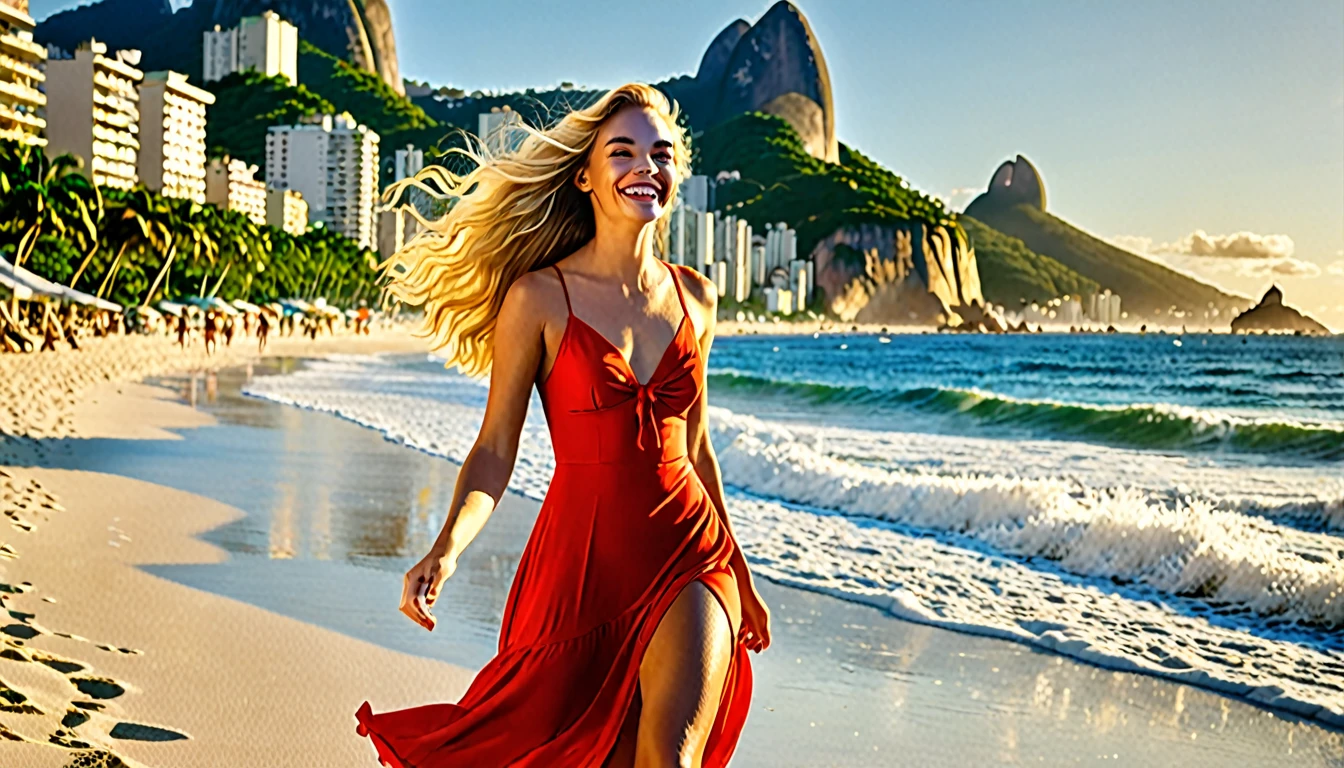 An enchanting cinematic illustration of a young woman, the "Girl from Ipanema," strolling along a sun-kissed Brazilian beach. With her golden skin, flowing blond hair, and radiant smile, she captivates the admiring gazes of all who pass by. She gracefully sways to the rhythm of the samba, her vibrant red dress twirling with every step. The background showcases the iconic Ipanema beach, with its colorful murals, palm trees, and azure waves crashing on the shore. The atmosphere is filled with the sounds of laughter and the scent of salt and coconut oil, creating a vivid and unforgettable scene., cinematic, photo,