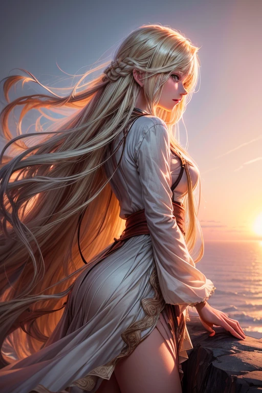 Anime girl with long flowing blond hair standing gracefully on a cliff during a breathtaking sunset, detailed and realistic shading, vibrant warm colors, serene and atmospheric lighting, emotion-evoking scene, character design by Sakimichan and Artgerm, 4k resolution
