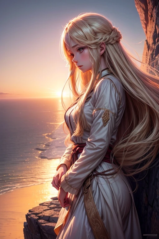 Anime girl with long flowing blond hair standing gracefully on a cliff during a breathtaking sunset, detailed and realistic shading, vibrant warm colors, serene and atmospheric lighting, emotion-evoking scene, character design by Sakimichan and Artgerm, 4k resolution
