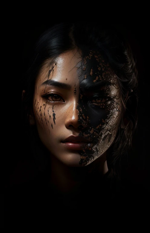 Aarav woman with black background and dark background, The detailed face of an Asian girl, Asian face, Amazing portrait of uuen, dirt on face, Realistic facial mood lighting, Stunning images of anonymous people, rotting skin,, Black scars on her face, Stunning light on the face, Real human face with skin, The face has scars.