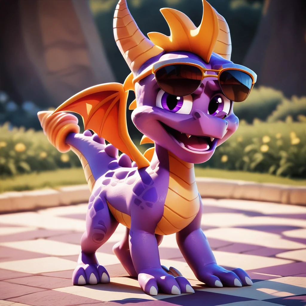 Spyro, open mouth, full body, fang, sunglasses, no humans, standing, purple eyes, checkered floor, eye contact, thick tail