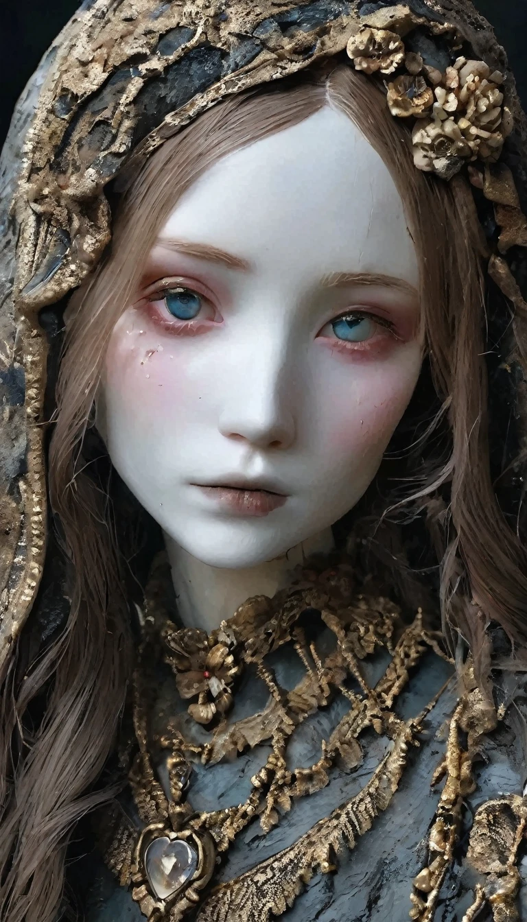 💀、☠、girl、❤、💀、Dark Fantasy、💀🥵💗、old，dirty， Mineral pigments，3D粘土clay sculpture艺术，clay sculpture、A woman、