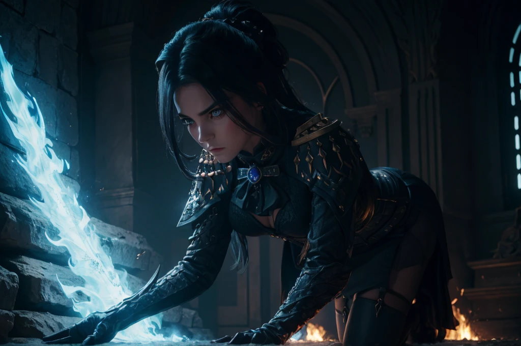 A female knight in realistic portrait of high quality and detail, athletic, movie style, dark and mysterious atmosphere, Clorinde (Genshin Impact), glow, eye shadow, 1girl, thriller fantasy, Depth & Perspective, dramatic angry expression on her face, an intimidating look, She has long dark blue hair, which she fixes in a low ponytail, as well as a cascading haircut, from which a strand of a lighter tone stands out. Part of her hair covers her right eye, and her eyes are enlivened by bright purple eyes. Small blue earrings in the shape of water droplets can be seen on the girl's ears, and a one-cornered hat with feathers and a metal brooch completes the upper part of her image. Her outfit includes a white shirt and a black corset with gold buttons, a high neck and 3/4 sleeves, smoothly turning into an ultrashort skirt with decorative cutouts. A frilled ornament is visible on the neck. Clorinda complements her look with white gloves and monochrome tights. On her feet she wears black and white heeled boots with a garter belt and metal gilt details. On the shoulders is a blue asymmetrical robe, the longest part of which reaches the ankles, she is holding a sword covered with blue flames in her hands, Mystical powers, people on the background are fighting against monsters, black armor, fine face, She stands on the battlefield, outside, ashes on the sky, burning sky, dark cloud, looking at viewer, (ultra-high detail:1.2), Masterpiece, Best Quality, Ultra-detailed, Cinematic lighting, 8K, delicate features, cinematic, 35 mm lens, f/1.9, highlight lighting, global lighting –uplight –v 4, cinematic, intense gaze, Cinematic lighting, 8K, high quality, Highest Quality, (Solo Focus), (extremly intricate:1.3), (Realistic), dramatic, masterful, Analog style, (Film grain:1.5), (warm hue, cold tone), a close up of a person surrounded by many different types of armor, destruction behind back
