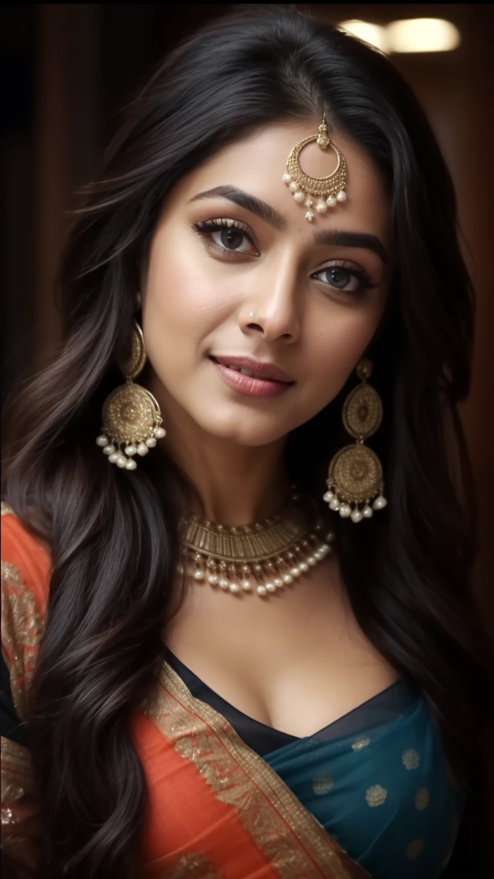 day scene, gorgeous Bollywood supermodel girl, beautiful face, see through saree, open arms, huge breasts, jumping high in snowfall, hourglass figure, armpits, (blue eyes:1), necklace, 30 yo, look at viewer and smile, (cinematic:1.3), intricate details, (ArtStation:1.2) uhd highest quality, gorgeous face eyes nose lips body, highest resolution, uhd, 8K, ultra realistic, highly detailed,