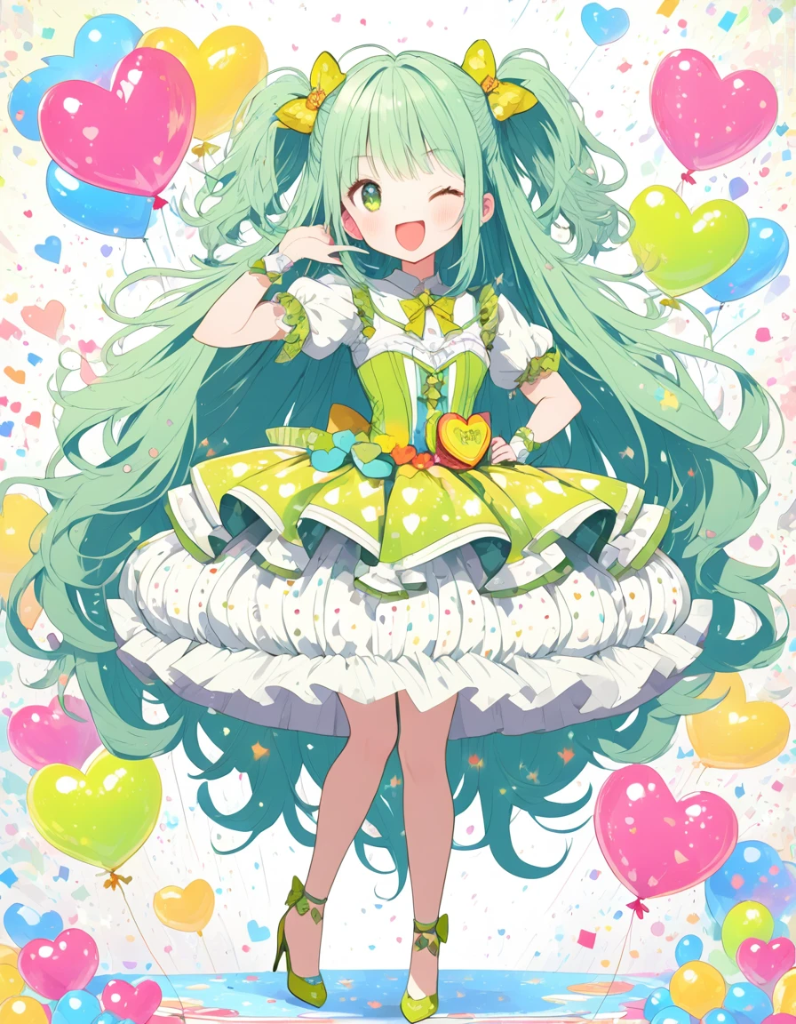 extremely detailed 8K CG, ultra-detailed:1.3, ultra delicate and detailed face:1.3, (absurdres, texture, masterpiece), pixiv contest winner, by Posuka Demizu, right image, full body, Dynamic manga-style illustration of an anime-style magical girl throwing kiss to the left side with cutely winking, cute expression. The world is full of pop, kitsch, and cuteness, with a yellow and blue-green color scheme, She wears a heart-patterned balloon skirt and a glass She's wearing stiletto heels.
