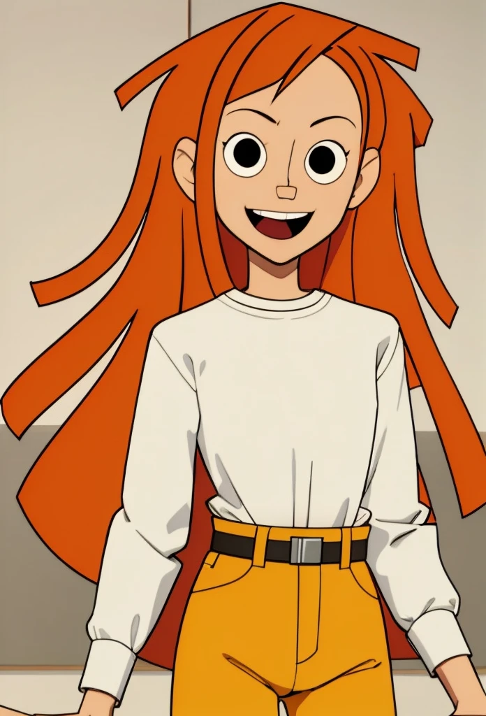 1girl, solo,smile,open mouth,orange hair,long hair,black eyes,white shirt,belt yellow pants,looking at viewer